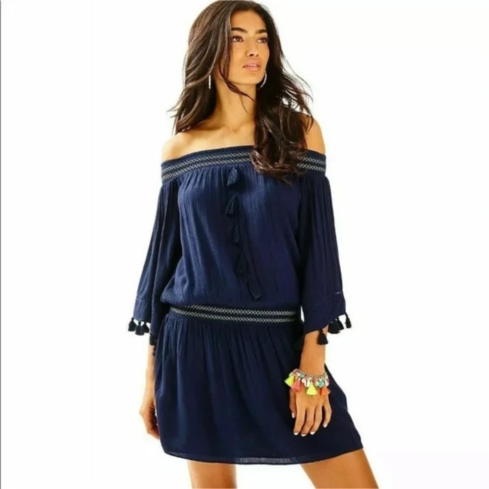 Lilly Pulitzer "Joelle" Off The Shoulder Tunic Dress Navy‎ Blue Smocked XXS